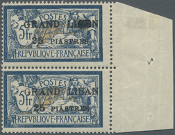 * Libanon: 1924, 25pi. On 5fr. (2mm Spacing), Right Marginal Vertical Pair, Top Stamp Showing "LIABN" Which Was Garbled - Liban