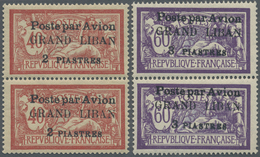 * Libanon: 1924, Airmails, 2pi. On 40c. And 3pi. On 60c., Two Vertical Pairs, Each Top Stamp Showing Widely Spaced Surch - Libano