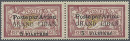 * Libanon: 1924, Airmails, 5pi. On 1fr. Red/olive, Horiz. Pair, Left Stamp With "Raised V", Right Stamp With Widely Spac - Libano