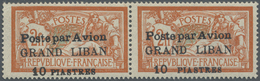 * Libanon: 1924, Airmails, 10pi. On 2fr. Orange/blue, Horiz. Pair, Left Stamp With "Raised V", Right Stamp With Widely S - Lebanon