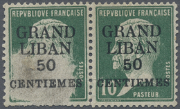 * Libanon: 1924, 50c. On 10c. Green, Horiz. Pair With Faults, Left Stamp Showing Heavy Surface Rub/thinning Which Has Be - Lebanon