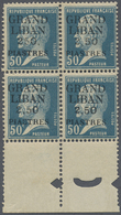 ** Libanon: 1924, 2.50pi. On 50c. Blue, Bottom Marginal Block Of Four, Upper Left Stamp Showing "250, PIASTRES" (misplac - Lebanon