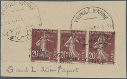 Libanon: 1924, 1pi. On 20c. Lilac-brown, Horiz. Strip Of Three Showing Diagonally Shifted Overprint And Widely Spaced "G - Lebanon