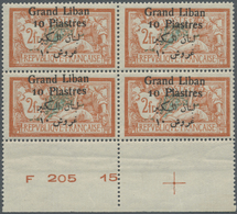 ** Libanon: 1924, 10pi. On 2fr. Orange/blue, Plate Block Of Four, Unmounted Mint. Maury 35 - Libano