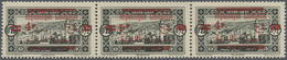 ** Libanon: 1928, 4pi. On 0.25pi. Greenish Black, Horiz. Strip Of Three, Centre Stamp Showing Variety "inverted "4" Of S - Lebanon