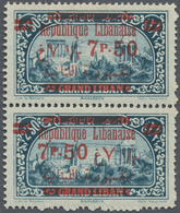 */** Libanon: 1928, 7.50pi. On 2.50pi. Greenish Blue, Vertical Pair, Top Stamp Showing "French And Arabic Ciphers Transp - Lebanon