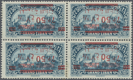 * Libanon: 1928, 7.50pi. On 2.50pi. Greenish Blue, Block Of Four With Inverted Overprint, Lower Right Stamp With Downwar - Lebanon