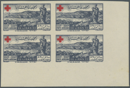 ** Libanon: 1947, Red Cross, Complete Set Of Five Values As IMPERFORATE Blocks Of Four From The Lower Right Corner Of Th - Liban