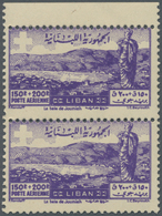 ** Libanon: 1947, Red Cross, 150pi. + 200pi., Not Issued Value, Top Marginal Vertical Pair, Each With "Missing Red Cross - Lebanon