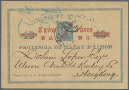 GA Macau - Ganzsachen: 1896, Card 2 Avos/10 R. Provisorio Canc. "MACA(U) 2 (JU 96)" To Hong Kong W. Same Day Arrival (ti - Postal Stationery