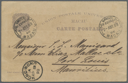 GA Macau - Ganzsachen: 1898, Jubilee Card 3 Avos Canc. "MACAU 7 ABR-98" To Mauritius, Transit "HONG KONG AP 8 98", MY 12 - Postal Stationery