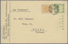 GA Mandschuko (Manchuko): 1937, Stationery Card 2 F. Uprated China-mail 8 F. Tied "HARBIN 26.2.(39)" Via Siberia To Finl - 1932-45 Manchuria (Manchukuo)
