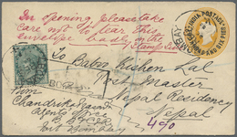 GA Nepal: 1893 - Incoming Mail: Indian Postal Stationery Envelope 2a6p. On 4a6p. Used Registered From Bombay To NEPAL Re - Népal