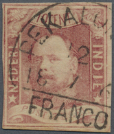 O Niederländisch-Indien: 1864, Willem III 10 C. Canc. "PEKALON(GAN) 18/7 6.", Left Side Lupe Margin To Touched, Otherwis - Netherlands Indies