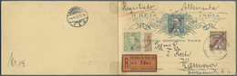 GA Portugiesisch-Indien: 1913, Double Card 3 R. Uprated 4 1/2 R. (no Ovpt.), 2 T. And Bisect 3 R. On 25 R. Canc. "NOVA G - India Portoghese