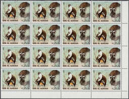 ** Ras Al Khaima: 1972, Monkeys, Perforated Issue, Complete Set Of Six Values As Marginal Blocks Of 16 From The Lower Ri - Ra's Al-Chaima