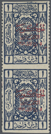 * Saudi-Arabien - Hedschas: 1925, 1 Pia. Blue Vertical Pair Imperf Between, Red Overprint, Mint Hinged, Sc.L101, Signed, - Arabia Saudita
