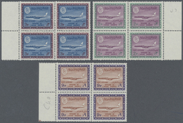 ** Saudi-Arabien: 1966-78, Airmails Three Values 2 P., 3 P. And 9 P. In Margin Blocks Of Four, Mint Never Hinged, A Scar - Saudi Arabia