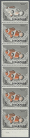 ** Singapur: 1962, 5c. Orange Clownfish, Vertical Strip Of Six, Top Stamp Showing Variety "red Colour Partially Omitted" - Singapore (...-1959)