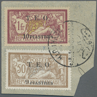 Syrien: 1919, 9pi. On 50c. And 10pi. On 1fr., Both Key Values On Piece Neatly Oblit. "BEYROUTH 25.11.19". Maury 9/10 - Syrie