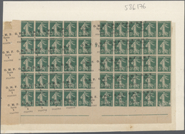 * Syrien: 1920, 1 Pi On 5c. Green Gutter Block Of 50 With Interpanneau Imprint "9", Shifted Overprint To Left Margin, Mo - Syrie