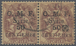 O Syrien: 1920, Squared Alep Overprints, 50c. On 2c. Lilac-brown, Horiz. Pair Used, Left Stamp WITHOUT Ovp., Toning Spot - Syrie
