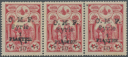 ** Syrien: 1921, Aïn-Tab Issue, Black Overprint, 1pi. On 10pa. On 20pa. Carmine, Horiz. Strip Of Three With Different Po - Syria