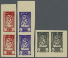** Syrien: 1955, Mother's Day 'mother With Child' Complete Set Of Three In IMPERFORATE Pairs With Printing On Gum Side, - Syrie