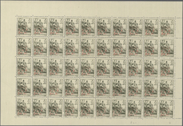 ** Syrien: 1959, 2½pi. On 1pi. Olive, Complete Sheet Of 50 Stamps (folded), Showing Different Intensities Of Red Colour - Syrie
