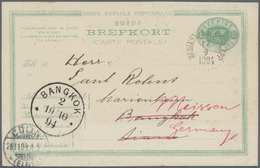 GA Thailand: 1894 Swedish Postal Stationery Card 15 Ore (sender Part Of Double Card) Sent From Hudiksvall (17 Sep. 1894) - Thaïlande