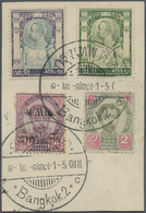Thailand: 1908, 4 Of 12 Atts With Double Surcharge On Piece With Three Better Stamps Cancelled BANGKOK 2 - Tailandia