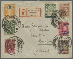 Br Thailand: 1909/14, 7 Values Tied "Bangkok7 17.4.14" To Small Size Registered Cover To Spain,  Via "Bangkok1 18.4.14" - Tailandia