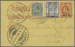 GA Thailand - Ganzsachen: 1906, Surcharged Card Uprated 1 Att, 2 Atts. Tied Bilingual "Petchaburi" To Bangkok W. Arrival - Tailandia