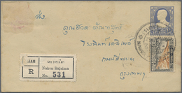 GA Thailand - Ganzsachen: 1928 Postal Stationery Envelope 15s. Blue Used Registered From Nakon Rajsima To Bangkok, Uprat - Thailand