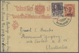 GA Thailand - Ganzsachen: 1936. Postal Stationery Card 5s On 1½s Red Upgraded With SG 254, 5s Purple Tied By Bilingual B - Tailandia