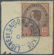 Thailand - Stempel: LIGNE DE BANGKOK, 1899-1904. Small Piece Bearing Siam SG 77, 12a Brown And Carmine Tied By Ligne De - Thaïlande