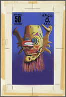 Umm Al Qaiwain: 1972. Artist's Drawing For The 50dh Airmail Value Of The MASKS Series Showing A MASK FROM BORNEO. Acryli - Umm Al-Qiwain