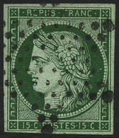 Oblit. N°2c 15c Vert Très Foncé, Signé Roumet - TB - 1849-1850 Cérès