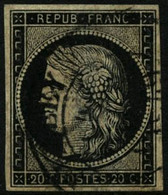 Oblit. N°3 20c Noir S/jaune, Obl CàD Type 14, Signé Calves - B - 1849-1850 Ceres