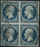 Oblit. N°10 25c Bleu, Bloc De 4 Obl PC, 3 Coups De Ciseaux Dans La Marge, Timbres Intacts - B - 1852 Louis-Napoleon