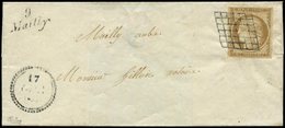 Let 1    10c. Bistre Jaune, Oblitéré GRILLE S. LSC, Cursive 9/MAILLY, Dateur B 17 OCT_, Port Local, TTB. C - 1849-1850 Ceres