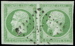 12    5c. Vert, PAIRE Obl. PC 247, 3 Grandes Marges, TTB - 1853-1860 Napoléon III