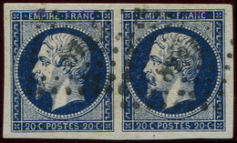 14Aa 20c. Bleu Foncé, T I, PAIRE, Marges énormes, Obl. PC 1818, Superbe - 1853-1860 Napoléon III