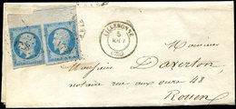 Let 14Ai 20c. Bleu, T I, PAIRE Bdf, FILET D'ENCADREMENT Partiel, Obl. PC 1728 S. LAC, Càd T15 LILLEBONNE 5/8/58, TB - 1853-1860 Napoléon III