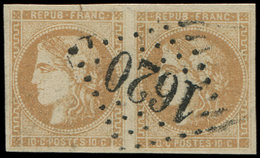 43A  10c. Bistre, R I, PAIRE Obl. GC 1620, Frappe Superbe, TTB. C - 1870 Emission De Bordeaux