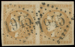 43A  10c. Bistre, R I, PAIRE Obl. GC 1945, TTB - 1870 Ausgabe Bordeaux