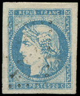 44Ac 20c. Bleu Clair, T I, R I, Obl. Légère Marges Exceptionnelles, Superbe - 1870 Emission De Bordeaux
