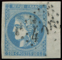 46B  20c. Bleu, T III, R II, BORD De FEUILLE, Obl. GC, Superbe - 1870 Emission De Bordeaux