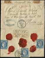 Let 60A  25c. Bleu, T I (3) Obl. PC Du GC 2316 S. Env. CHARGE, Càd T16 MENTON 3/5/72, Le PC Au Recto Indique Que L'affrt - 1849-1876: Période Classique