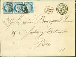 Let 60C  25c. Bleu, T III, BANDE De 3 Obl. GC 2240 S. Env. Rec., Càd MARSEILLE CHARGEMENTS 17/3/76, TB - 1849-1876: Période Classique